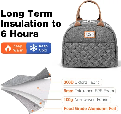 Miniatura 5 de Lekesky Lonchera para mujer, lonchera aislada, bonita bolsa de almuerzo a prueba de fugas para el trabajo de adultos, color gris