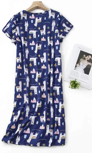 Miniatura 2 de CHUNG Camisón de algodón para mujer, con estampado casual hasta la rodilla, camisa de manga corta