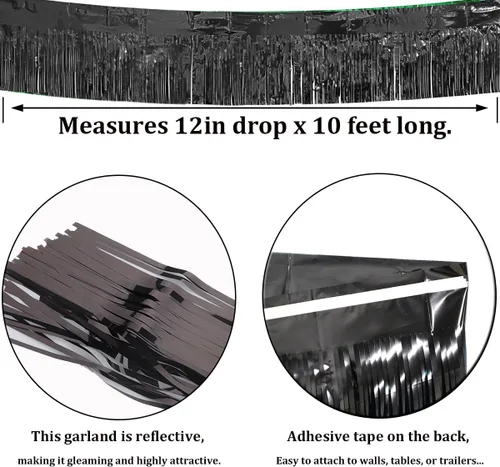 Miniatura 2 de Paquete de 4 Negro Total 40 Pies Guirnalda de Flecos de Papel Aluminio Pancarta Metálica de Oropel Cortinas Colgantes de Pared Decoraciones de Falda