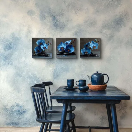 Miniatura 5 de NAN Wind 3 piezas de arte de pared de orquídea azul, piedras de spa zen, impresión en lienzo, gotitas de agua, naturaleza muerta, botánica