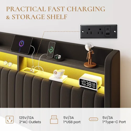 Miniatura 3 de SHA CERLIN - Estructura de cama de tamaño matrimonial con almacenamiento elevado/Luces LED/Estación de carga/Cabecero con estantes de 2 niveles/USB