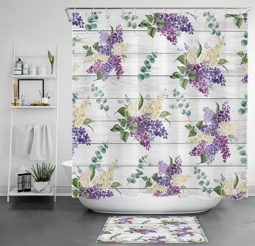 Miniatura 15 de EOBTAIN Cortina de ducha floral púrpura para baño, flores de acuarela y hojas de eucalipto verde sobre beige, cortina de ducha con 10 ganchos, juego