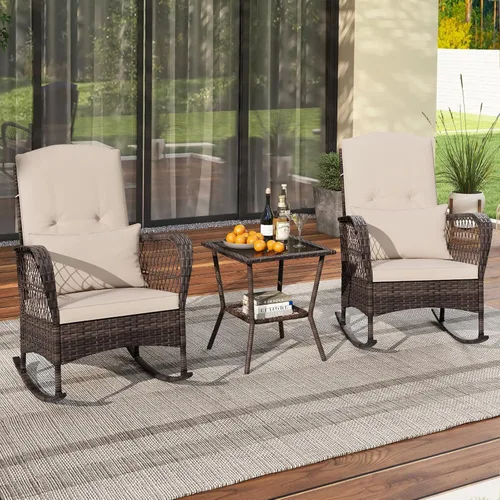 Miniatura 9 de ORALNER Juego de 3 mecedoras de mimbre para muebles de patio, sillas mecedoras para exteriores con cojines, almohadas, mesa de centro de cristal
