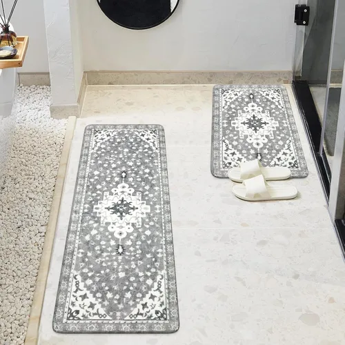 Miniatura 6 de Uphome Juego de 2 tapetes de baño bohemios vintage, antideslizantes, suaves, lavables a máquina, oriental estético, tapete de baño tradicional