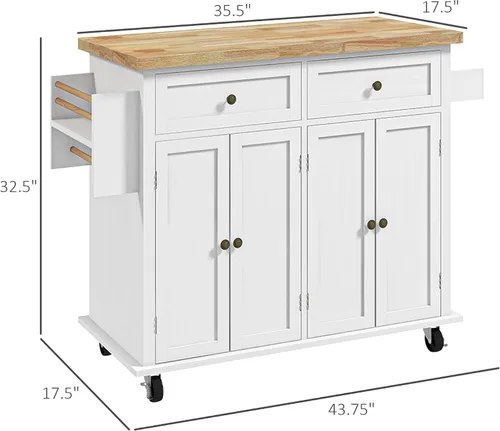 Miniatura 7 de HOMCOM Carrito de Isla de Cocina con Superficie de Madera de Caucho, Mesa de Isla de Cocina Rodante sobre Ruedas con Cajones, Estantes Ajustables