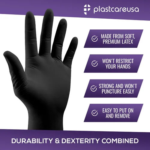 Miniatura 3 de PlastCare USA 100 o 1000 Guantes de látex para examen - Sin polvo, desechables, no estériles, agarre texturizado para uso médico, limpieza Negro