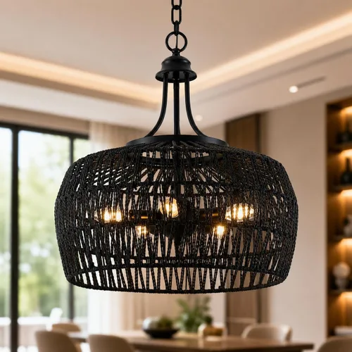 Miniatura 10 de Lámpara de araña bohemia de granja de 12.6 pulgadas para comedor, lámpara de ratán de 3 luces con pantalla tejida, iluminación colgante costera