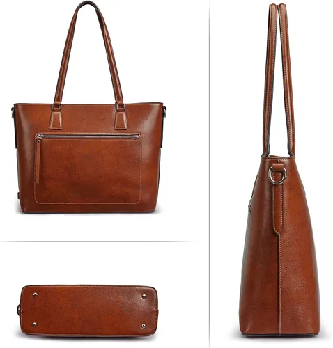 Miniatura 7 de S-ZONE Bolso de mano de cuero genuino para mujer, maletín vintage, bolso de trabajo, bolso grande de 15.6 pulgadas, L