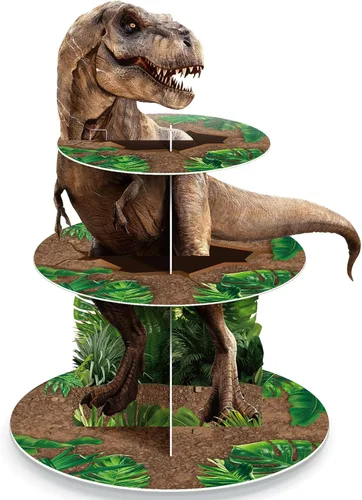 Miniatura 11 de Censen Soporte para cupcakes de dinosaurio de 3 niveles, decoración de fiesta con temática de dinosaurio, decoración de torre de postre