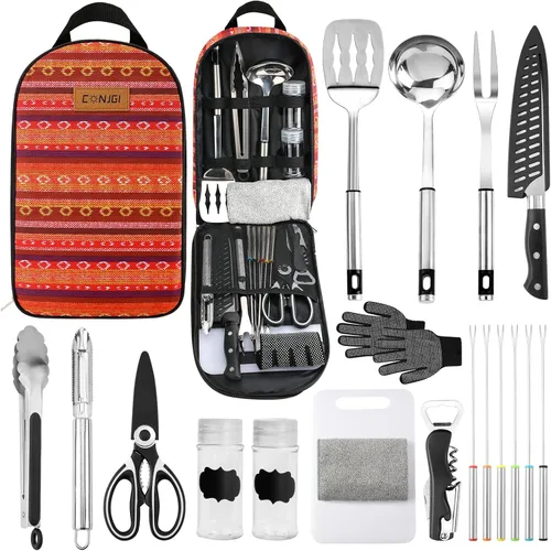 Bolsa de almacenamiento de utensilios de cocina para campamento, juego de utensilios de cocina de campamento, bolsa de almacenamiento portátil Rojo