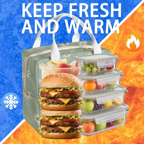 Miniatura 6 de Lonchera con lazo para mujeres y hombres, bolsa de almuerzo de tela aislada para el trabajo, lonchera para adultos a prueba de fugas, bolsa