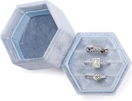 Miniatura 16 de WantGor Caja de joyería de terciopelo para anillos, caja de regalo con 3 ranuras, caja de regalo para anillos hexagonales vintage, para ceremonia