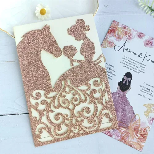 MillaSaw Bolsillo de invitación para caballo con purpurina, soporte para invitación de quinceañera, tarjeta cortada con láser de oro rosa con