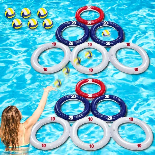 TURNMEON Paquete de 2 juguetes inflables de piscina para el 4 de julio, triángulo flotante para deportes acuáticos, juguetes de piscina con 6 bolas