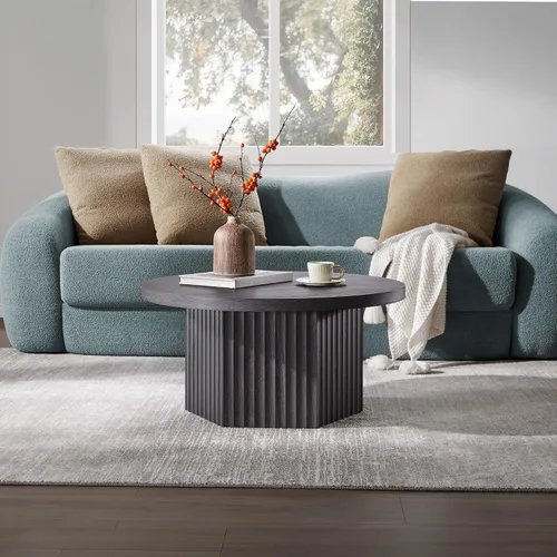 Miniatura 4 de SICOTAS Mesa de Centro Redonda para Sala de Estar, Mesa de Centro Acanalada Moderna de Mediados de Siglo con Almacenamiento, Mesa de Acento de Té