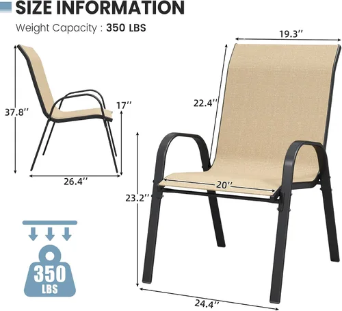 Miniatura 3 de Juego de 4 sillas de comedor para patio, sillas de comedor apilables, respaldo alto, tela de asiento transpirable y marco de acero de aleación