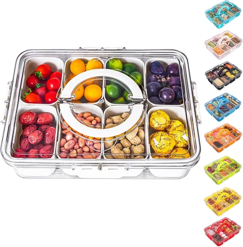 Dingerjar Bandeja dividida para servir con tapa y asa, contenedor de charcutería para aperitivos portátiles, organizador transparente para dulces,