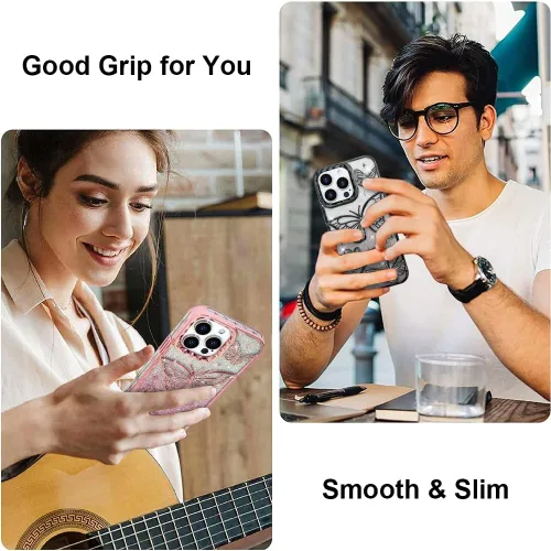 Miniatura 5 de BITOBE Diseñada para iPhone 15 Pro Max, bonita funda de mariposa 3D chapada en purpurina delgada para mujeres y niñas, protección de cámara, Negro