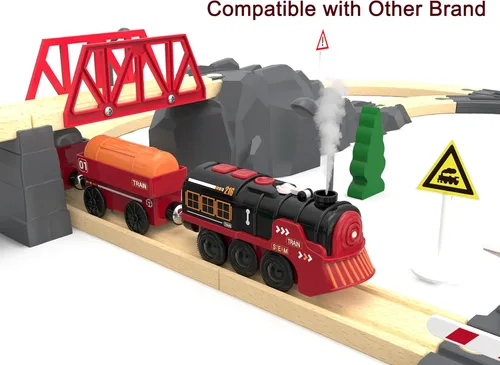 Miniatura 4 de Tren eléctrico de juguete para pistas de madera, juguetes de tren motorizado de Navidad para niños pequeños, tren a pilas incluye luces, sonidos
