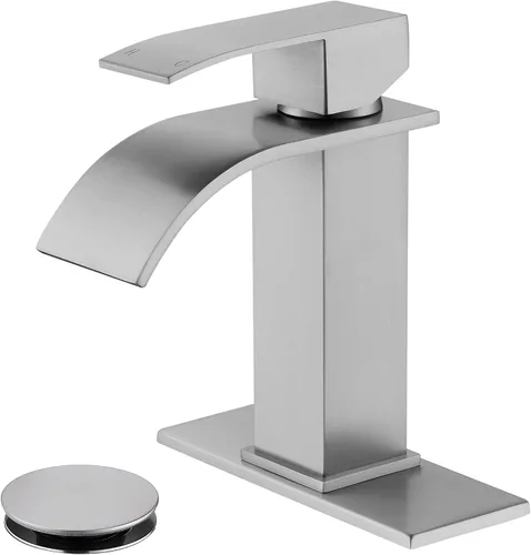 Miniatura 9 de Grifo de baño de cascada negra de un solo agujero, grifo de lavabo de baño con escurridor desplegable y placa de cubierta para instalación de 3