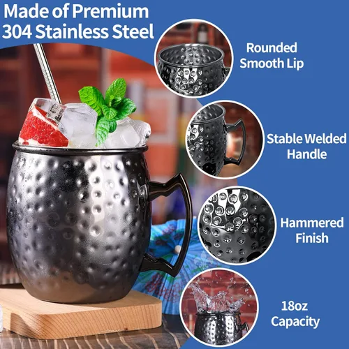 Miniatura 4 de LINALL Moscow Mule - Juego de 6 tazas de acero inoxidable de 18 onzas chapadas en color negro plomizo (6 unidades)
