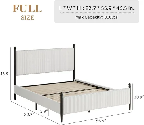 Miniatura 2 de BarnFurin Base de cama tamaño matrimonial con cabecero, cama tapizada de plataforma de metal con terciopelo de pana y listones de madera, diseño