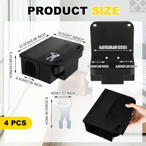 Miniatura 2 de Qualirey 4 piezas Estación de cebo para ratas 22.5 cm x 18.5 cm x 9.2 cm Trampas para ratas con tapa abatible, cajas de bloques con llaves para Negro