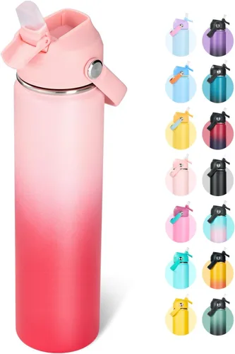 Miniatura 16 de Fijinhom Botella de agua aislada de acero inoxidable de 18 oz, de boca ancha, de doble pared, con vacío, con pajita de silicona, a prueba de sudor