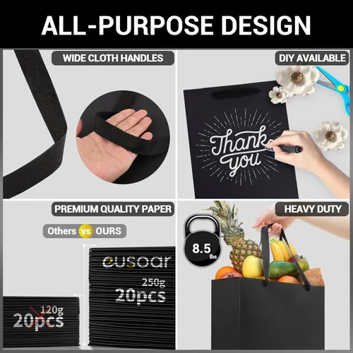 Miniatura 3 de EUSOAR Bolsas de compras para boutique, 20 piezas de 7.8 x 3.9 x 11 pulgadas, bolsas de regalo de papel kraft negro medianas resistentes con asa