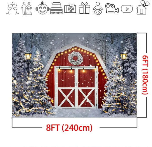 Miniatura 4 de Mocsicka Telón de fondo rojo de granero de invierno, escena de nieve de invierno, decoración de fiesta de Navidad, festival de Navidad, decoraciones