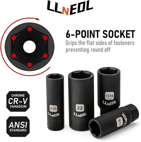 Miniatura 8 de LLNEDL Juego de llaves de vaso de impacto de 3/8", 95 piezas, llave para bujías (5/8", 13/16"), 6 puntos métrico y SAE de 5/16"- 3/4", 8-22mm, kit