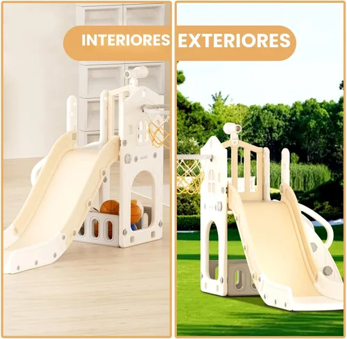 Miniatura 6 de XJD Tobogán 5 en 1 para niños pequeños de 1 a 3 años, juego para interiores y exteriores con aro de baloncesto y pelota, espacio de almacenamiento