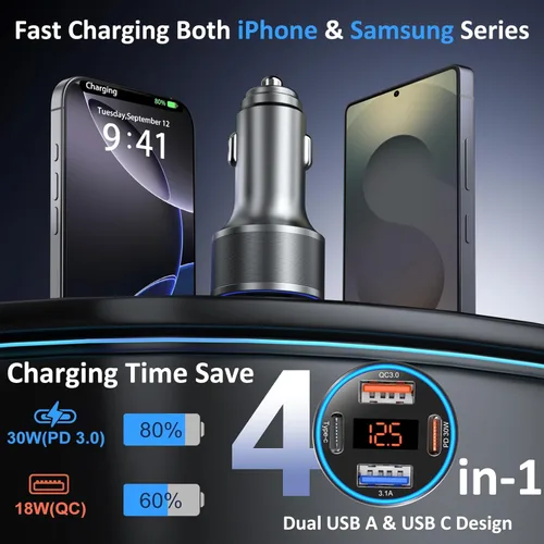 Miniatura 2 de Cargador de coche 5 unidades, 65 W 12 V USB Multi Port QC/PD 3.0 carga rápida adaptador de encendedor de cigarrillos dual USB-C y USB-A cargador Gris