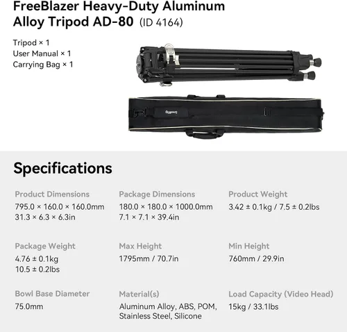 Miniatura 8 de SMALLRIG AD-80 FreeBlazer Trípode de aluminio resistente de aleación, trípode de video de 71 pulgadas con adaptador de cuenco de 75mm, ajuste