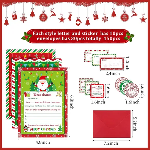 Miniatura 2 de Harloon Kit de Escritura de 150 Piezas Carta a Santa Lista de Deseos de Navidad Muñeco de Nieve Elfo Papel de Carta Navideño Papelería