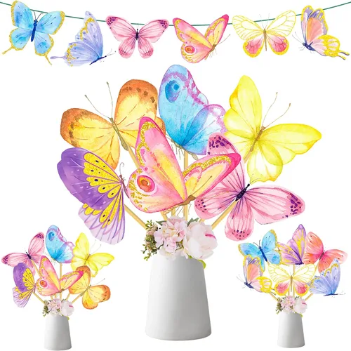 Centros de mesa de fiesta de mariposa, 24 piezas de decoración de mariposas coloridas para centros de mesa de baby shower, decoración de primavera,
