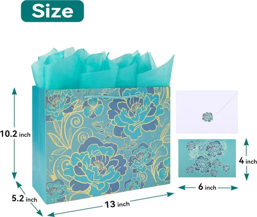 Miniatura 2 de Juego de Bolsa de Regalo Grande Rosa Verde de 13" con Tarjeta de Felicitación y Papel de Seda (Flores con Trazado de Papel Aluminio) para Celebrar