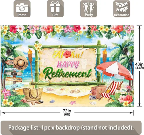 Miniatura 3 de Telón de fondo Aloha Happy Retirement de 72 x 43 pulgadas, para verano, hawaiano, tropical, playa, despedida, fondo de fotografía, Luau, decoración