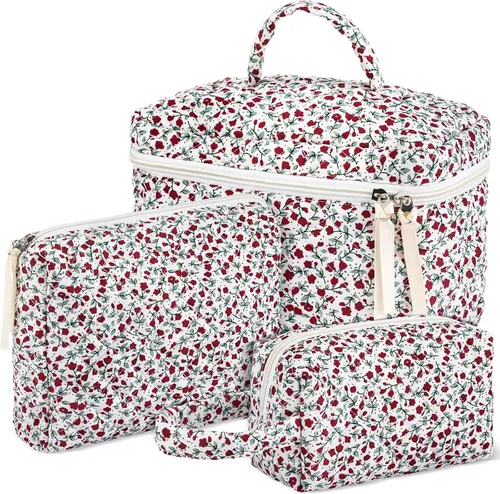 Miniatura 13 de Paterr Juego de 3 bolsas de maquillaje acolchadas grandes de algodón para mujer, bolsa organizadora de artículos de tocador de viaje para Azul