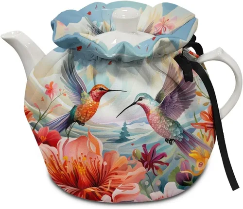 Miniatura 9 de DISNIMO Funda de tetera aislada a prueba de polvo con diseño floral de colibrí, para mantener el calor, accesorios decorativos, colcha