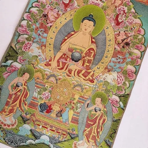 Miniatura 6 de Bordado de seda tibetano Thangka budismo Sakyamuni Buddha Tangka Yoga Budista Tapiz colgante de pared Arte de pared Decoración del hogar Tapiz