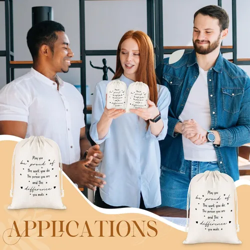 Miniatura 6 de Yeaqee 12 juegos de regalo de agradecimiento a los empleados, incluye bolsas motivacionales de arpillera con cordón, bolígrafos retráctiles