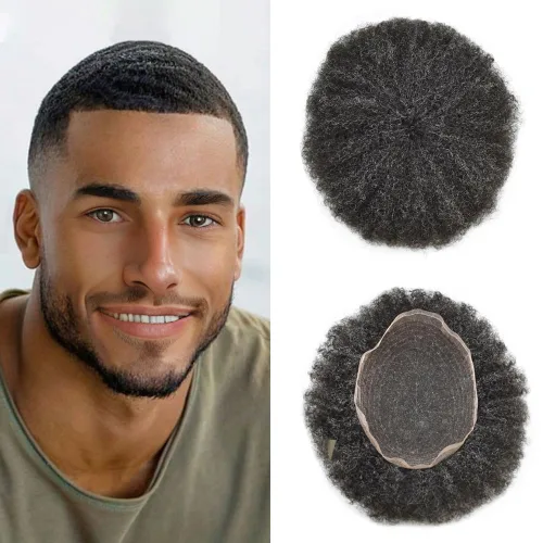 Miniatura 26 de Pelucas afro rizadas para hombre, con encaje francés, de 10 x 8 pulgadas, completamente transparente, de repuesto, sistema de cabello humano rizado