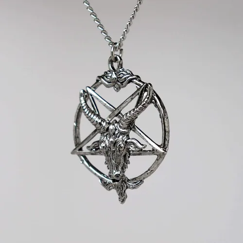 Miniatura 6 de Baphomet - Collar con colgante de cabeza de cabra de peltre con acabado plateado con pentáculo invertido, Metal