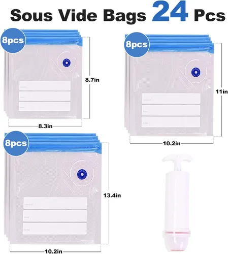 Miniatura 2 de Bolsas Sous Vide, 24 bolsas reutilizables de sellado al vacío de 3 tamaños para alimentos, bolsa selladora con cremallera al vacío con bomba