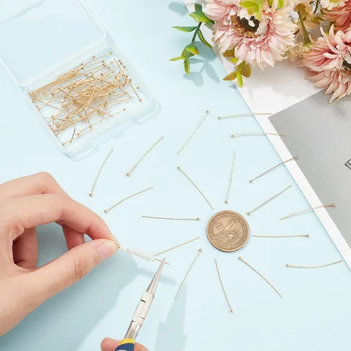 Miniatura 3 de BENECREAT 100 pines de bola chapados en oro real de 18 quilates, calibre 22, para hacer joyas de bricolaje, 1.4 pulgadas de largo