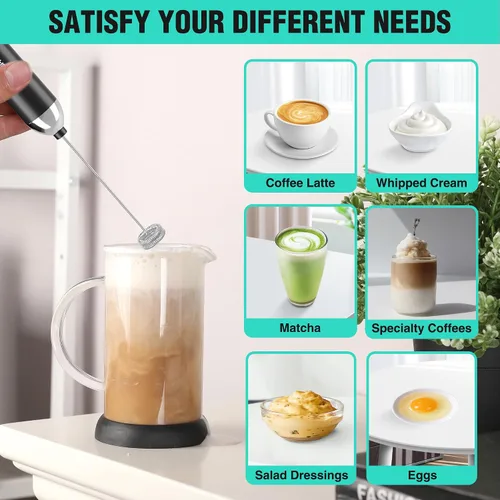 Miniatura 9 de HAUSHOF Potente varita espumadora de leche recargable con soporte, máquina de espuma eléctrica de mano, mezclador de bebidas con 2 batidores