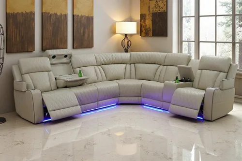 Miniatura 15 de Juegos de Muebles para Sala de Estar, Juego de Sofá Reclinable Eléctrico, Cuero Blanco Vainilla, Seccional de 2 Reclinables con Luz LED
