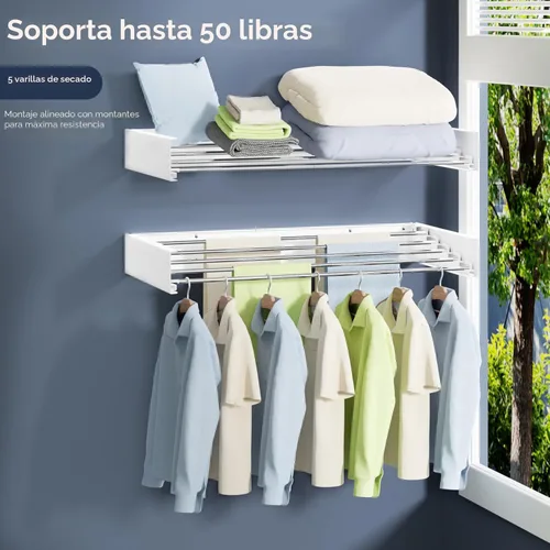 Miniatura 3 de Vikaqi Estante de secado de ropa plegable montado en la pared, 32 pulgadas de ancho, 5 varillas de acero inoxidable, estante de secado de lavandería