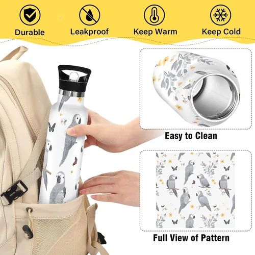 Miniatura 4 de Cartoon African Grey Parrot White, Kids Water Bottle with Leak Proof Spout Lid Double Wall Vacuum Insulated Leakproof BPA Free for Travel, Camping